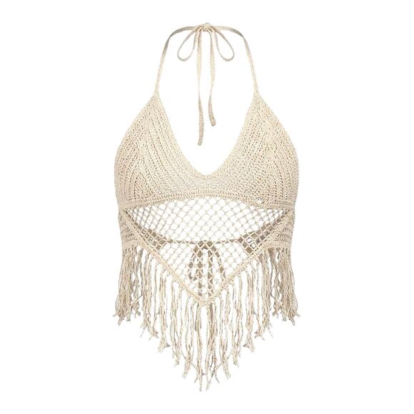 Julia by Love J Tops - Julia by Love J Crochet Halter Top Beige Natural Cotton Boho Fringe Festival NWT